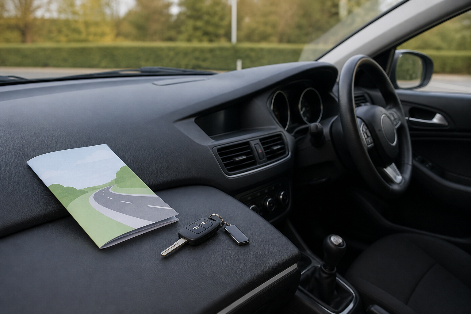Car keys and a road-safety leaflet inside a parked car